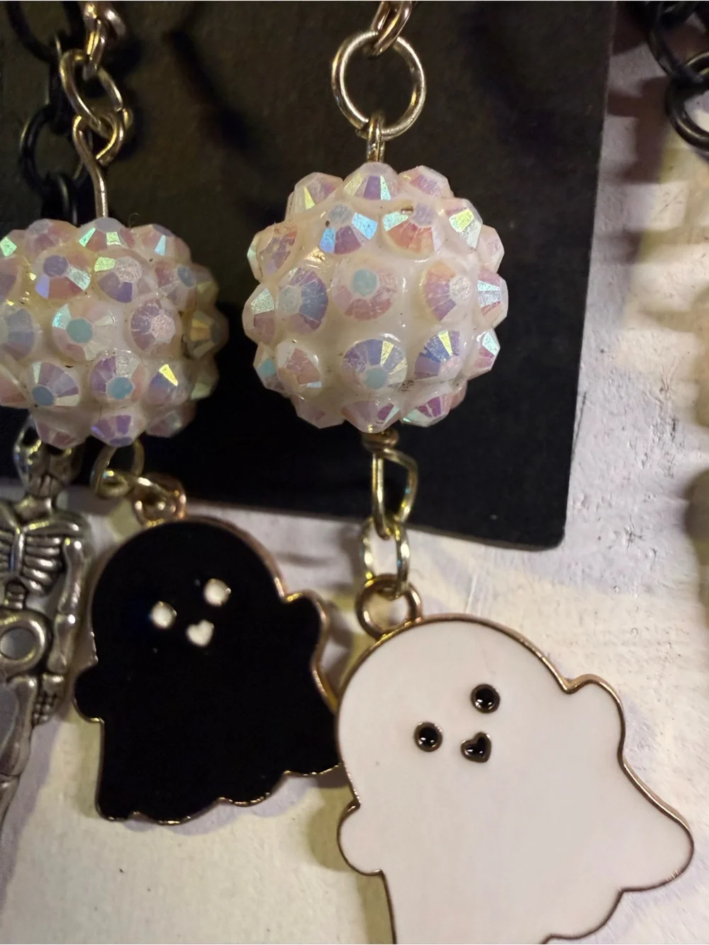 Handmade Black & White Ghost Skeleton Crystal Earrings | Spooky Halloween Goth